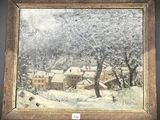 une peinture à l'huile représentant un paysage enneigé avec un village en arrière-plan