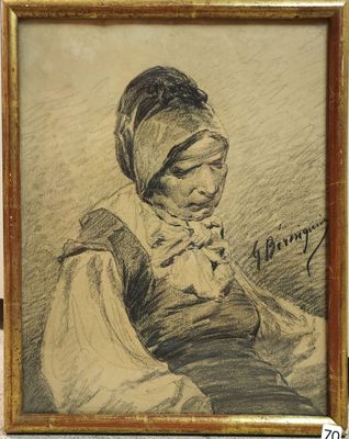 an old drawing of a woman with a scarf on her head