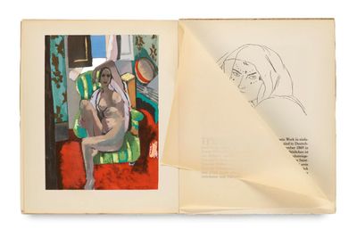 an open book with a drawing of a woman sitting in a chair