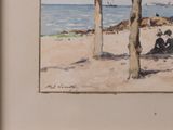 a watercolor painting of a couple sitting on the beach