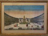 painting of a courtyard with a fountain and a clock tower in the background