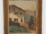 an image of a painting of a farm scene in a wooden frame on a shelf