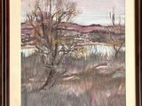 painting of a landscape with a river and trees in the foreground