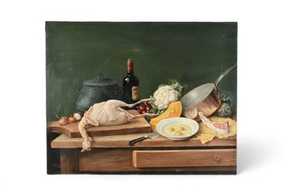 une photo d'un tableau représentant une table sur laquelle se trouvent des plats