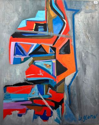 painting of a red and blue abstract figure on a gray background