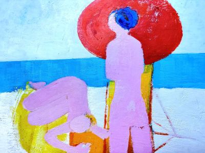 un tableau représentant une personne debout sur la plage