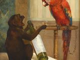 a painting of a monkey and a parrot sitting at a table