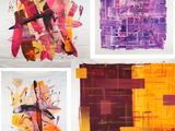 Quatre tableaux de couleurs et de formes différentes sont représentés sur une feuille de papier.