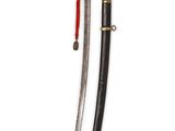 a pair of swords with a wooden handle and brass fittings