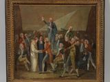 un vieux tableau représentant un homme debout devant une foule de gens