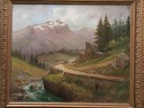 a painting of a mountain scene with a river in the foreground