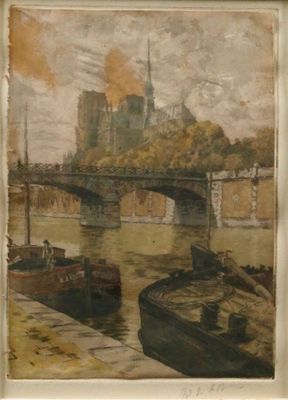 a picture of a painting of a bridge over a river