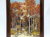 a painting of a painting of a forest with trees in autumn