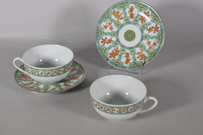 two cups and a saucer sitting on a table