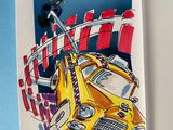 drawing of a yellow car with a bird on top of it in front of a red, white, and blue background