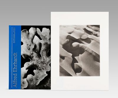 deux photographies en noir et blanc représentant des dunes de sable, encadrées d'une bordure bleue