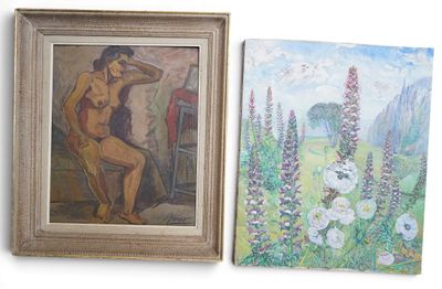 painting of a woman sitting in a chair next to a painting of a man