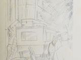 dessin au crayon représentant un homme et une femme debout devant un train