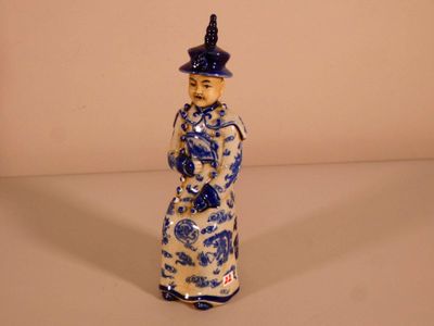 a figurine of a man in a blue and white outfit