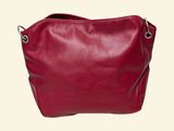 a red leather bag with a zipper on the front