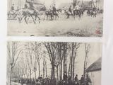 two black and white photos of horses and people in a field
