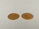 two gold coins sitting side by side on a white surface