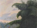 un tableau représentant un bateau sur l'eau, avec un arbre en arrière-plan