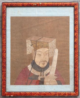 un vieux tableau représentant un homme vêtu d'une robe rouge et tenant un couteau