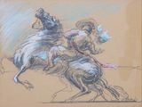 drawing of a man riding a horse with a woman on the back