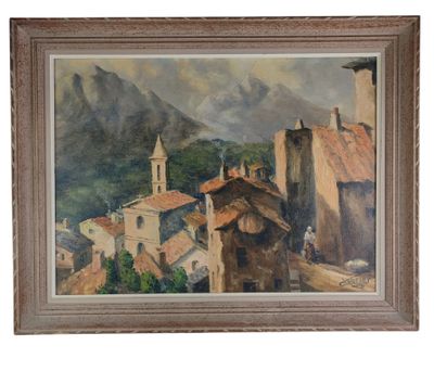 an oil painting of a village with a church and mountains in the background