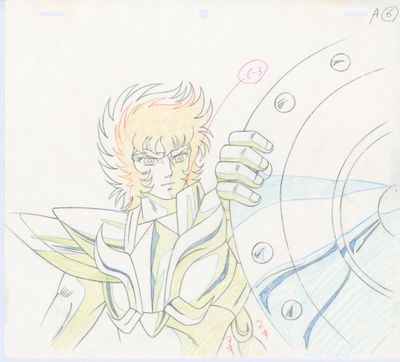 drawing of a man with a sword in a space suit