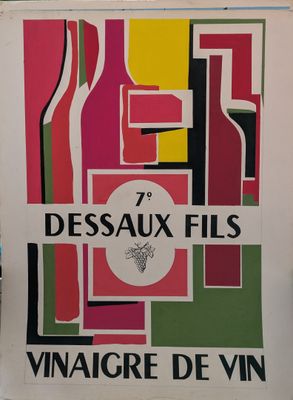 une affiche représentant une bouteille de vin posée sur une table