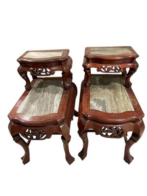 pair of antique chinese style side tables with marble tops