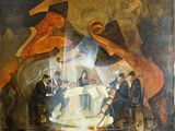 un tableau représentant un groupe de personnes debout dans une grotte