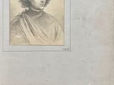an old book with a drawing of a man wearing a hat