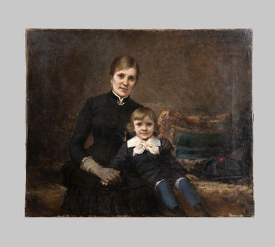 an old painting of a woman and a child sitting on a couch