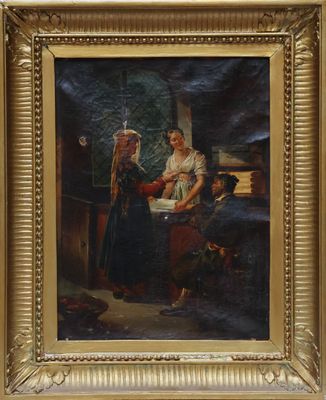 an oil painting of a woman holding a baby in a room