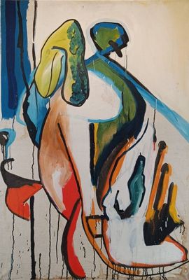 peinture abstraite représentant un homme, une femme et un chien