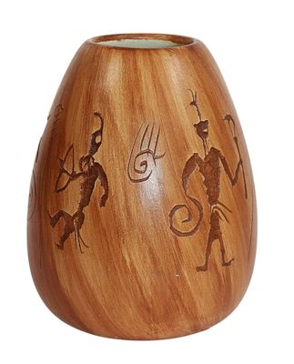 a wooden vase with a picture of a man and a woman on it