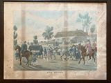 painting of a group of people riding horses in front of a building