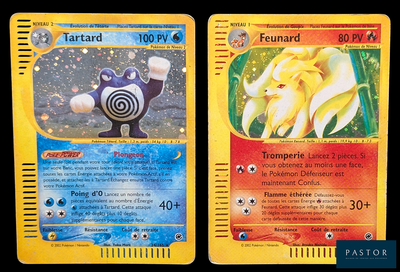 deux cartes Pokémon présentant des motifs différents, sur fond noir