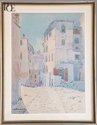 peinture d'une scène de rue avec des bâtiments et une personne marchant dans la rue