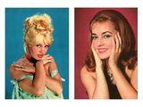 two pictures of a woman with blonde hair and a green dress