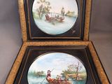 two framed pictures of a couple of people in a boat on a lake