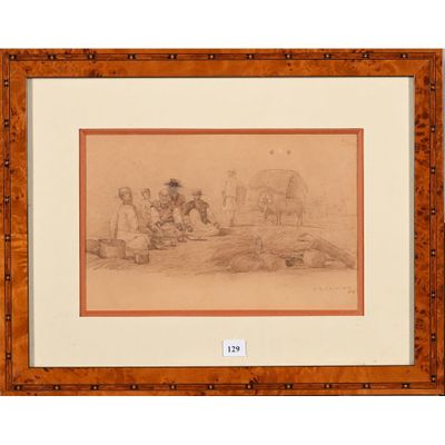 un vieux dessin représentant un homme et une femme dans un village