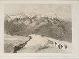 un dessin représentant un groupe de personnes gravissant une montagne