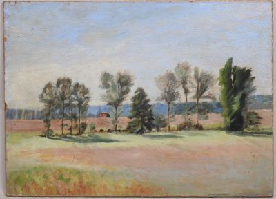 une image représentant un tableau d'un champ avec des arbres au premier plan