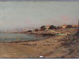 an image of a painting of a beach scene with a boat in the water