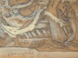 a drawing of a man and a woman sitting on a bench