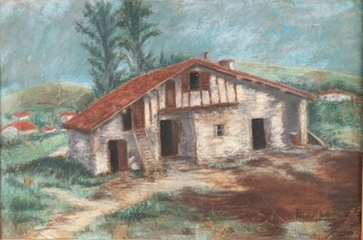 painting of an old house with a red roof and a dirt road
